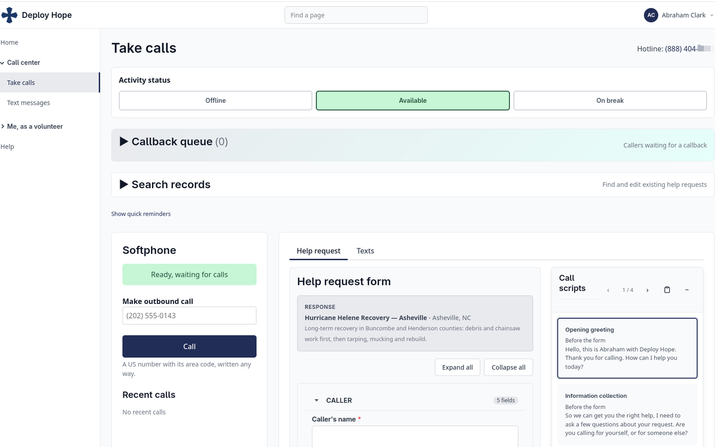 Reach Take calls page with the softphone, help request form and call scripts side by side