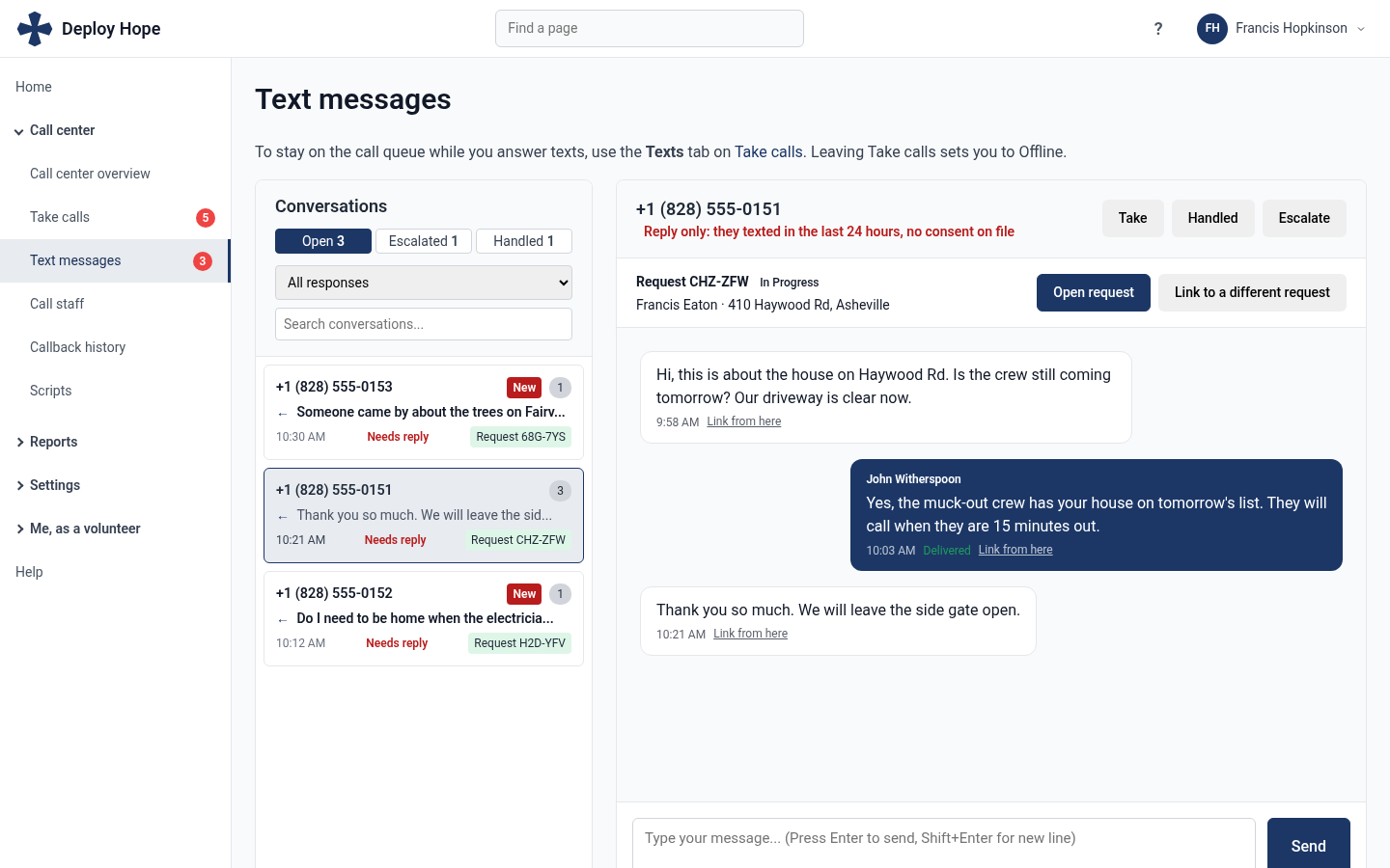 Reach text messages page with a homeowner conversation linked to their request