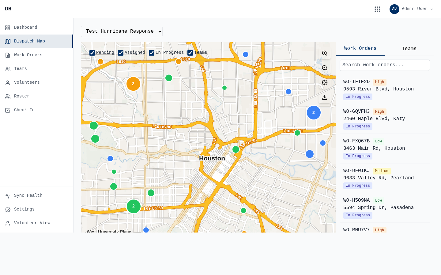 DeployHope Respond dispatch map showing work order locations and team assignments