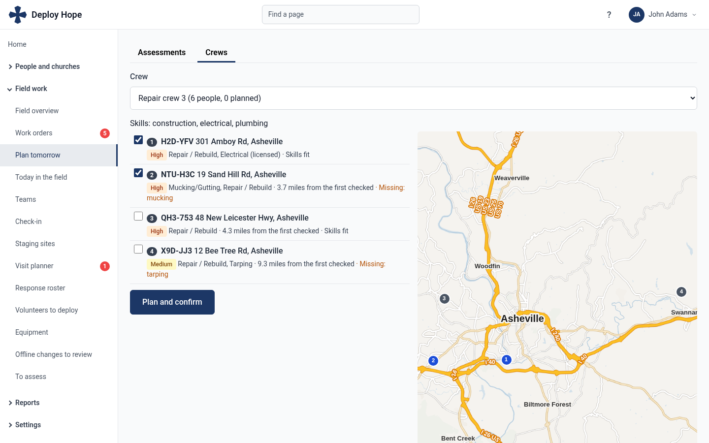Respond Plan tomorrow page with a crew's suggested jobs and a map