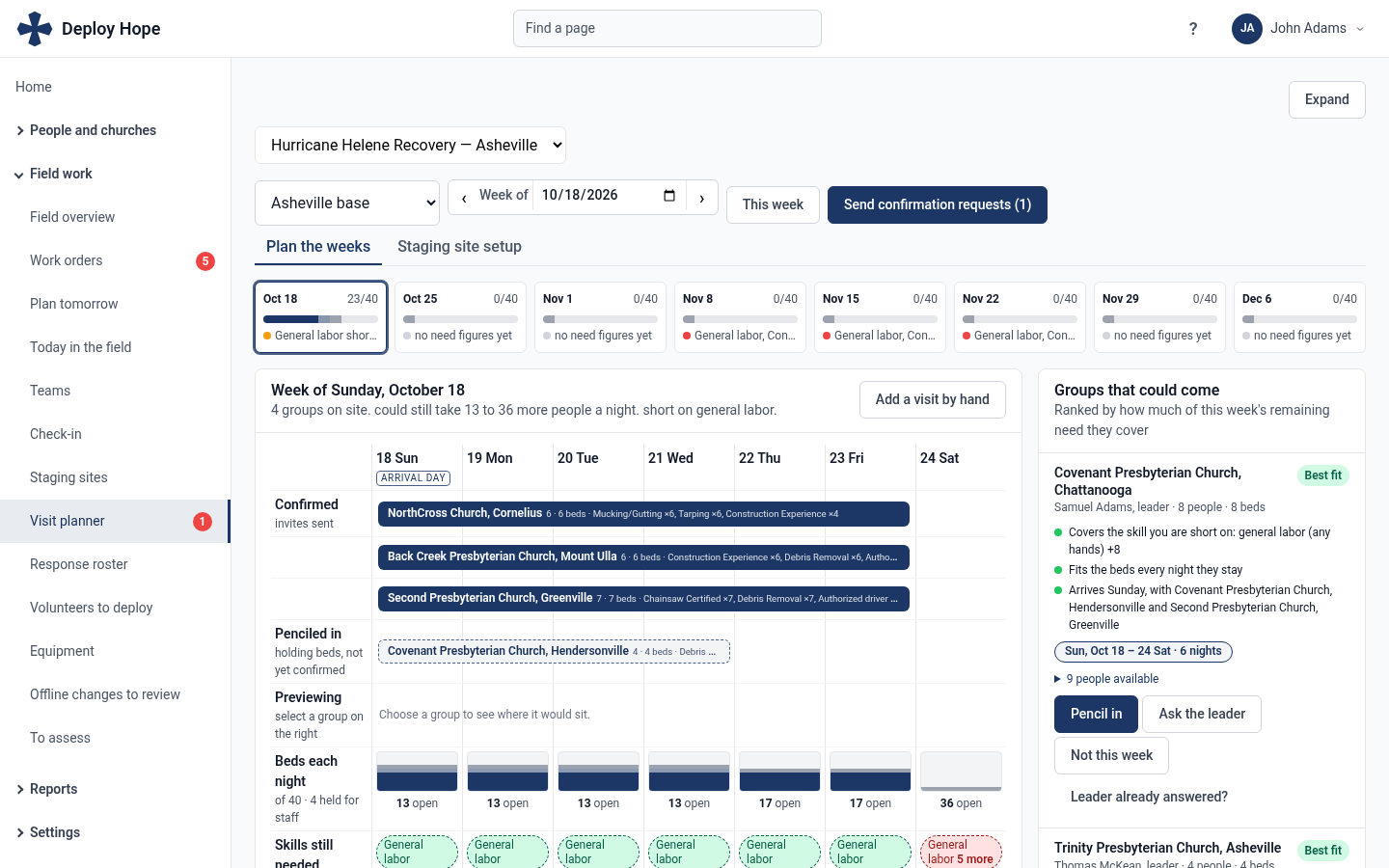 Respond visit planner showing a week of church group visits, beds and skills needed